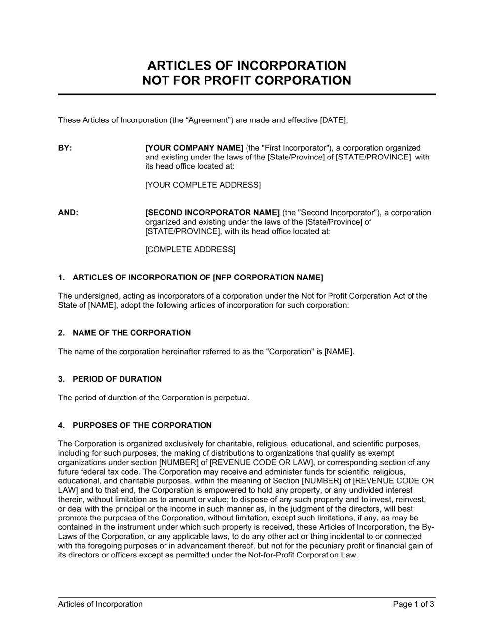 Articles Of Incorporation Not For Profit Organization Template By 