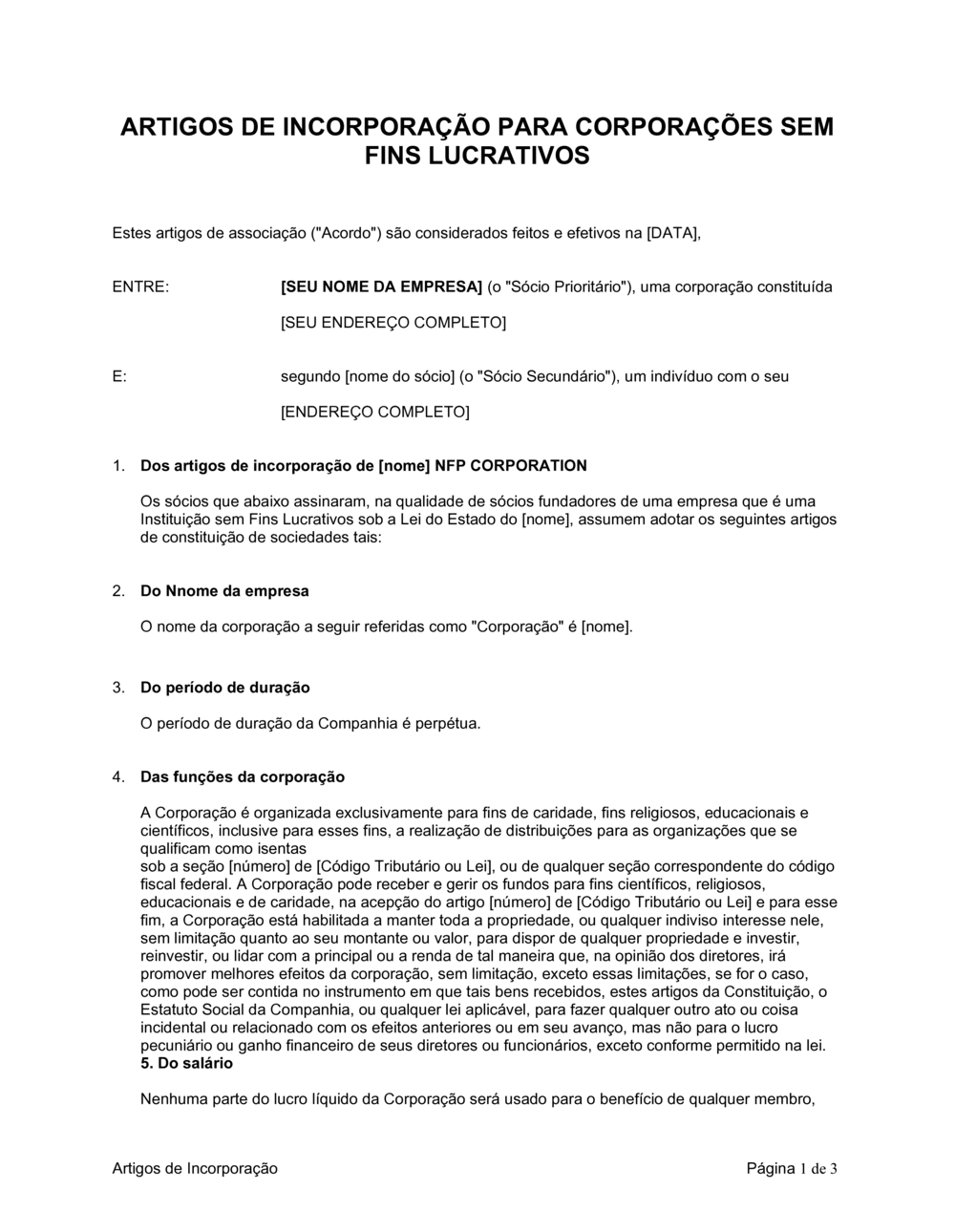 Business-in-a-Box's Artigos de Incorporação Não para Corporação Lucrativa