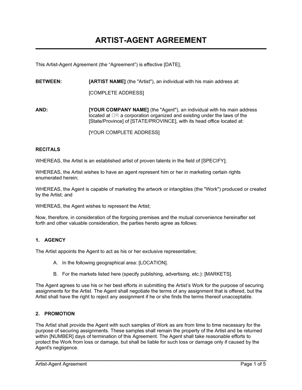 Artist Agent Agreement Template By Business in a Box 