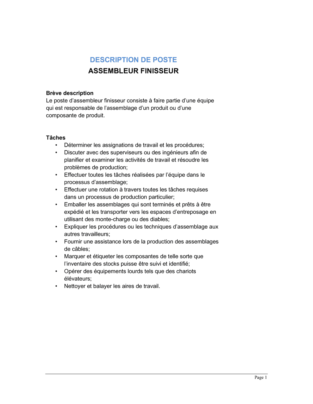 Business-in-a-Box's Assembleur-finisseur Description de poste