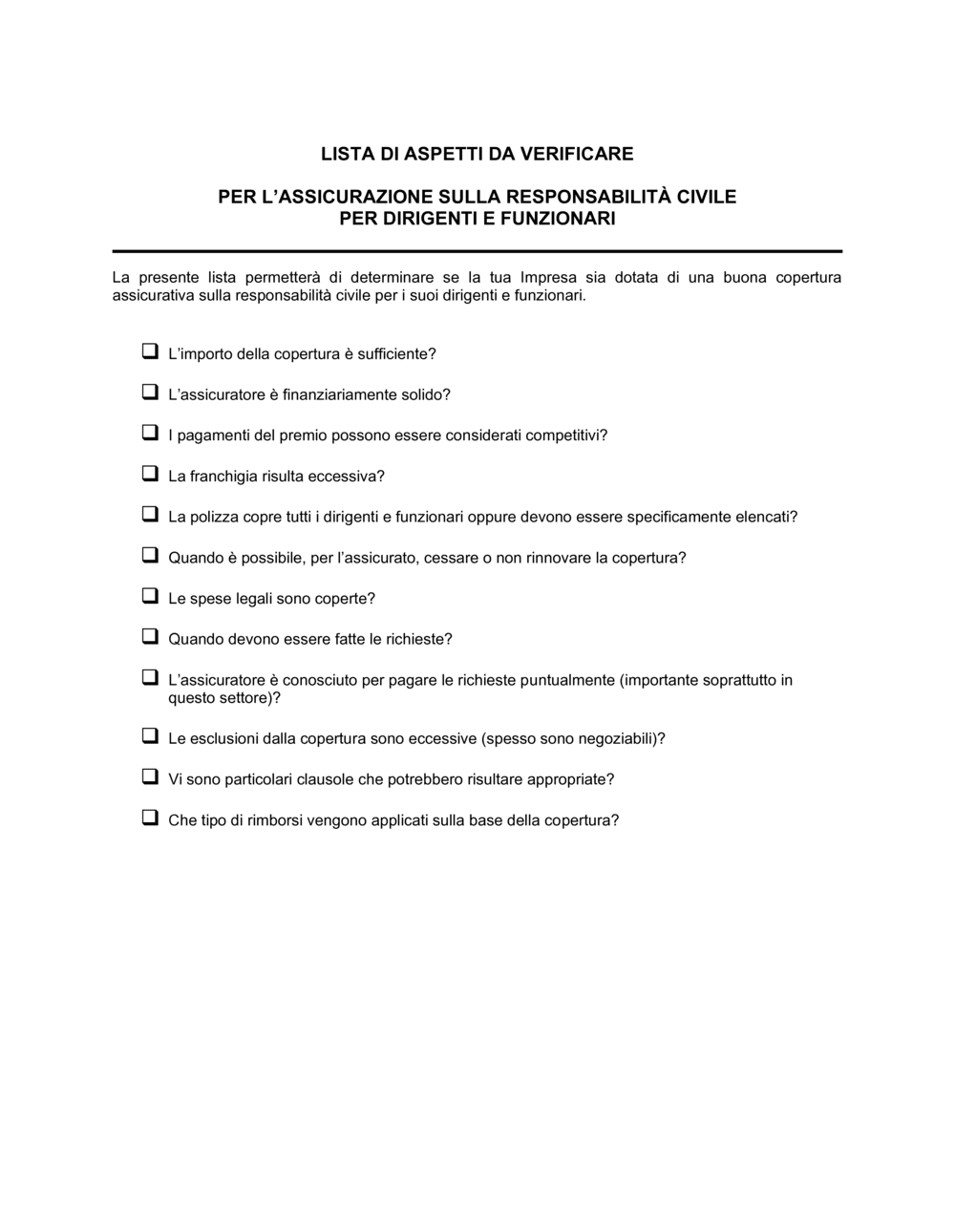 Business-in-a-Box's Assicurazione dirigenti e funzionari lista