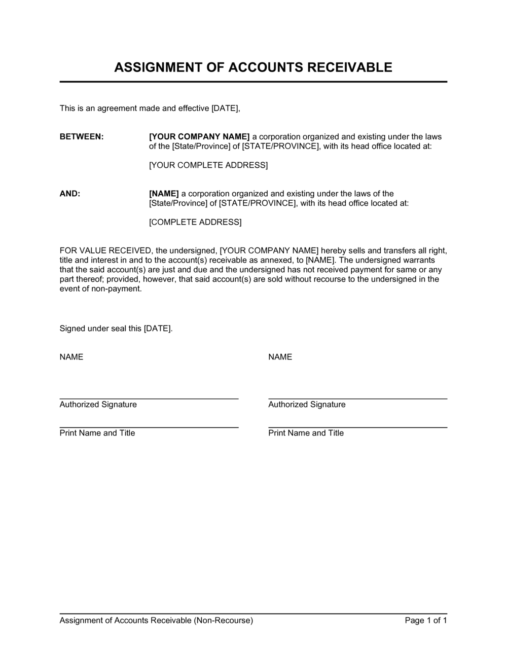 Assignment of Accounts Receivable Non-Recourse Template  by Intended For credit assignment agreement template