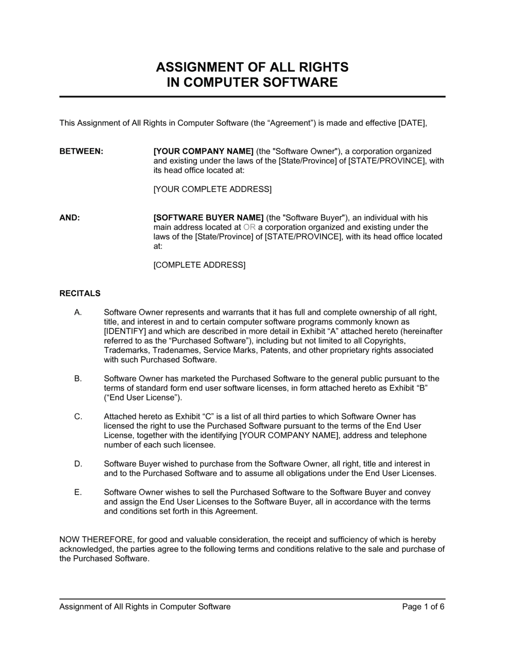 Assignment Of All Rights In Computer Software Template By Business In A Box