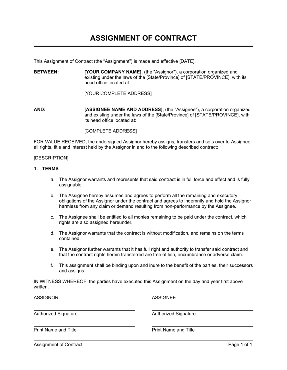 assignment and agreement form