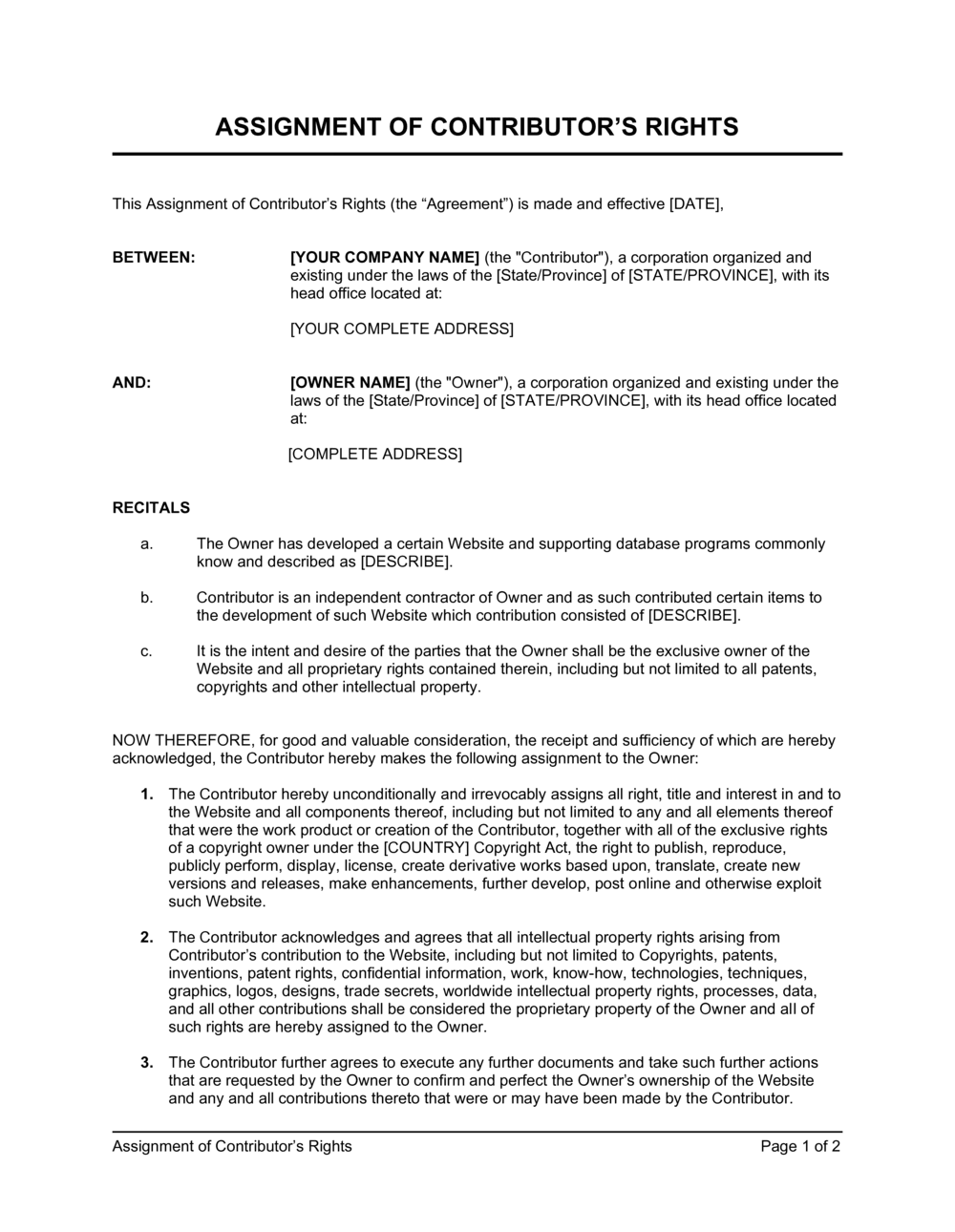 Business-in-a-Box's Assignment of Contributor Rights Template