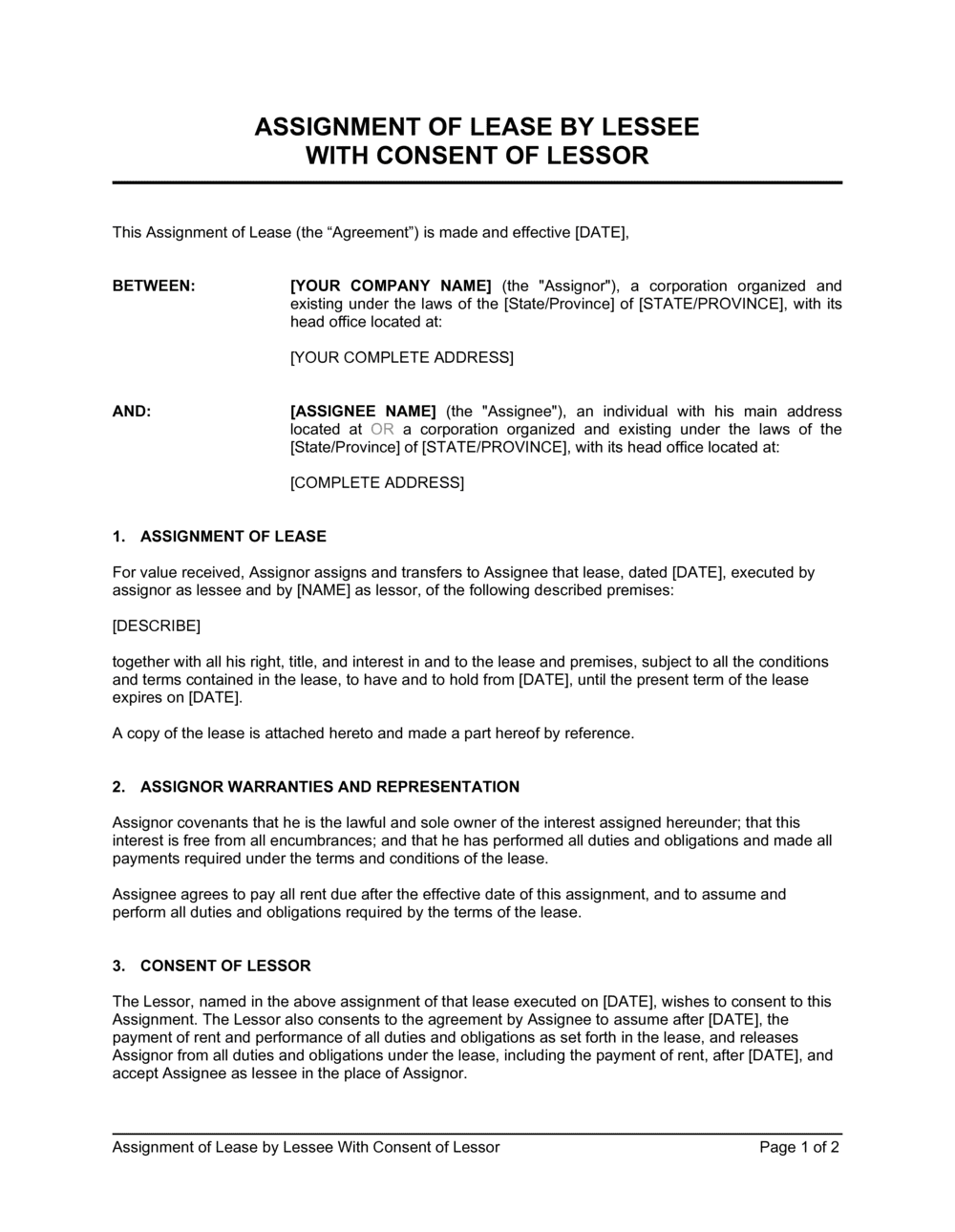 Lessor Lessee Agreement Template