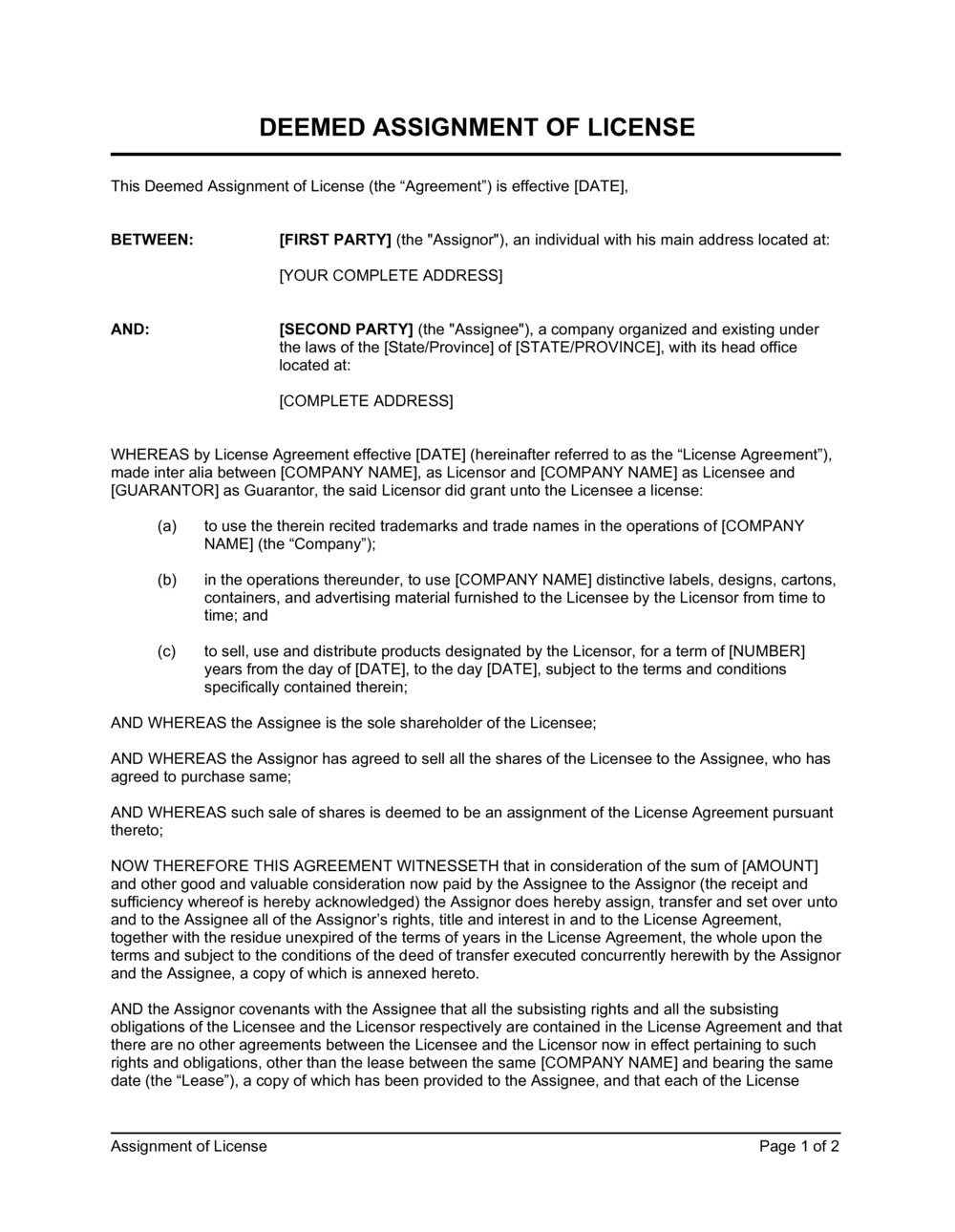 Business-in-a-Box's Assignment of License Template