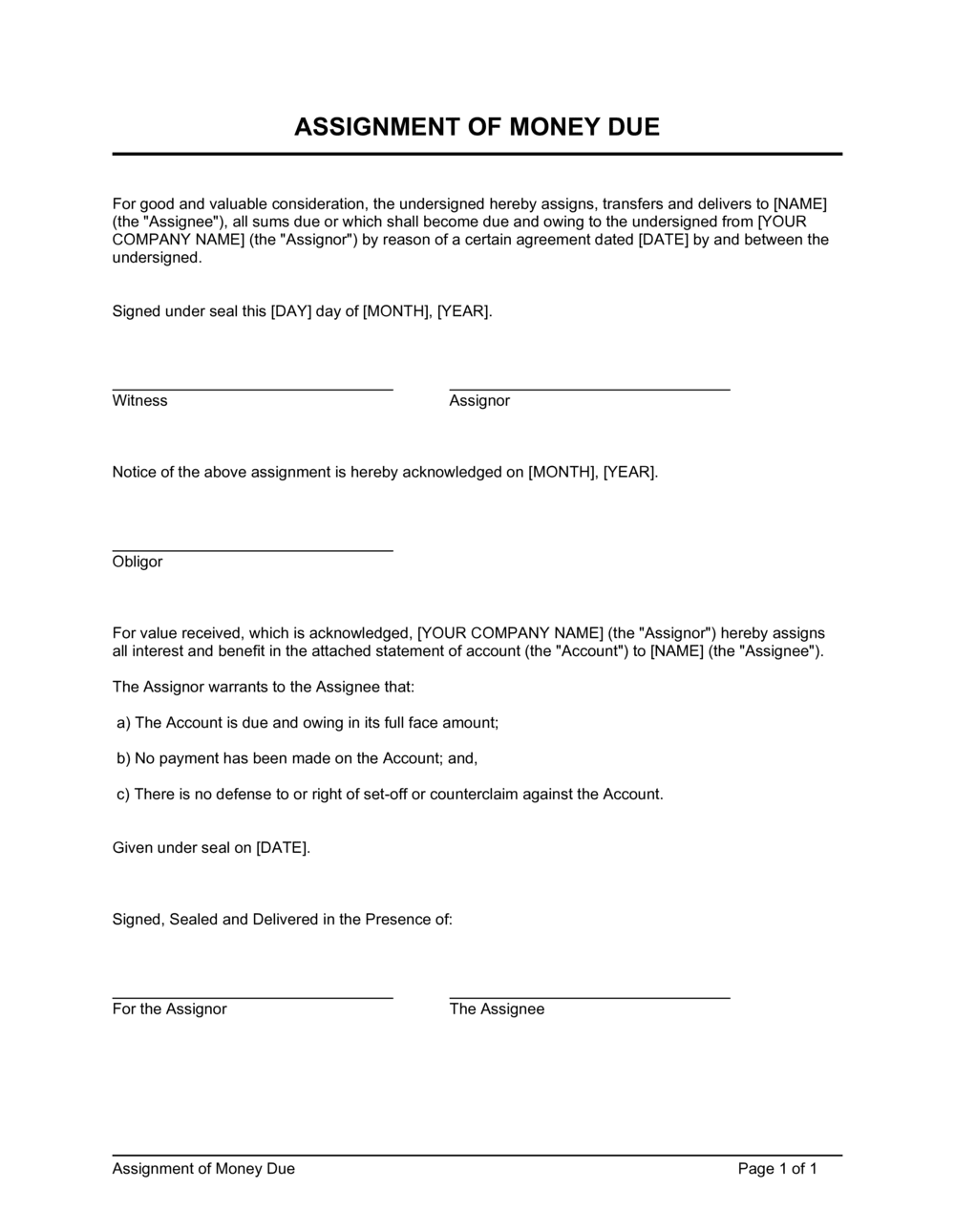 Business-in-a-Box's Assignment of Money Due Template