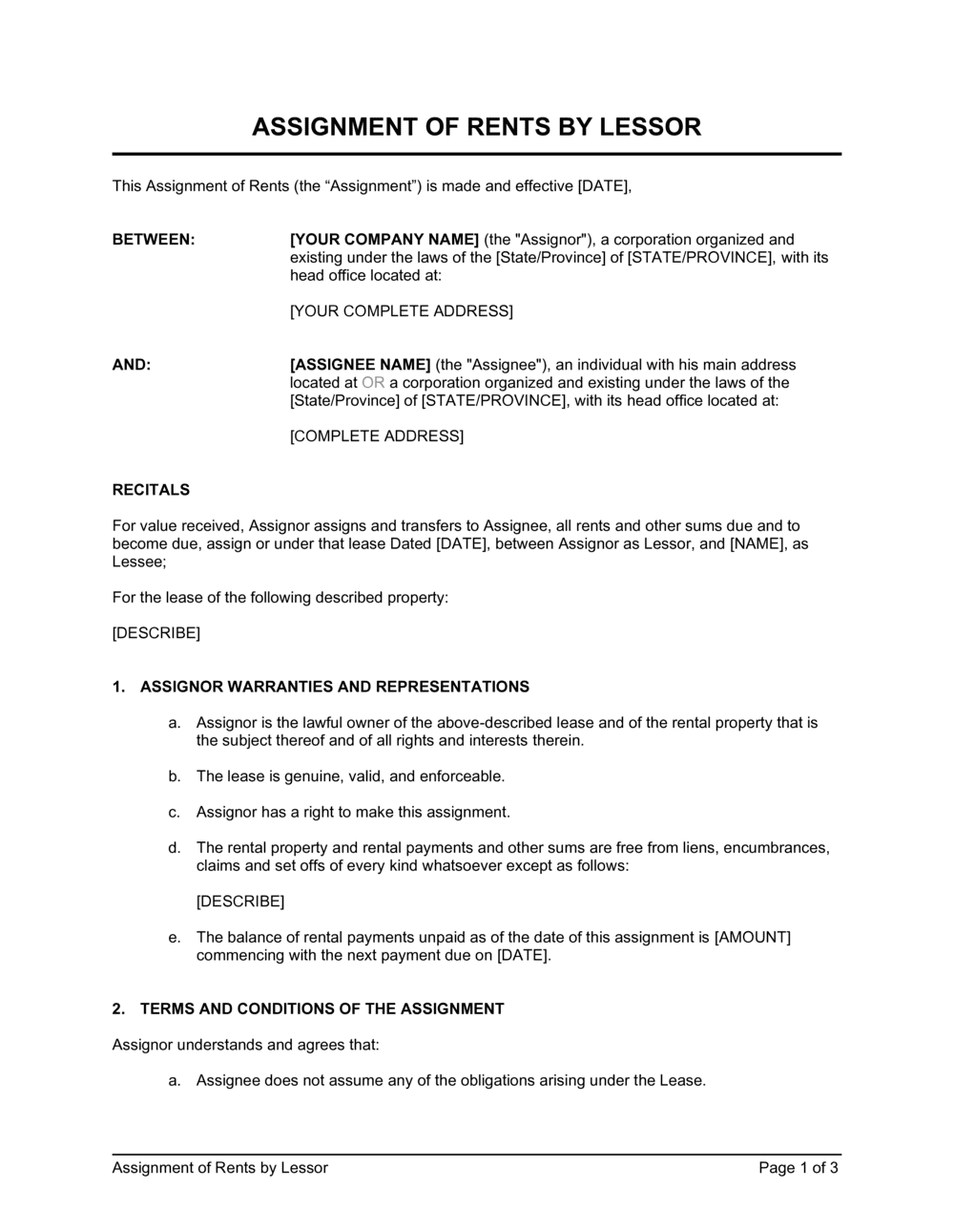 Business-in-a-Box's Assignment of Rents by Lessor Template