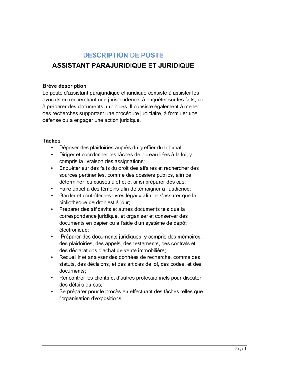 Business-in-a-Box's Assistant parajuridique et juridique Description de poste