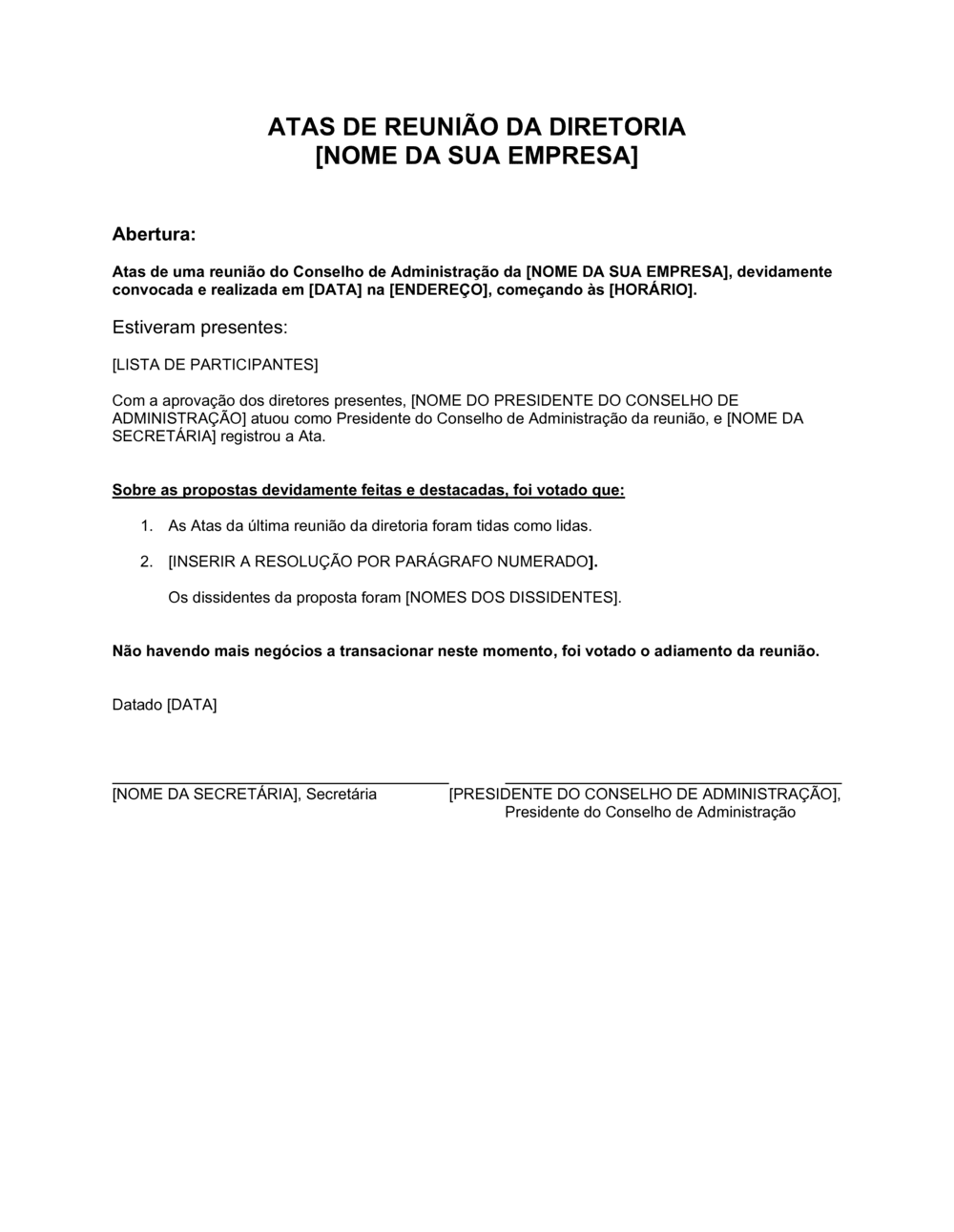 Business-in-a-Box's Ata de Reunião de Diretores