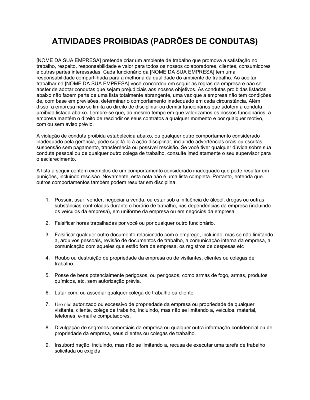 Business-in-a-Box's Atividades Proibidas