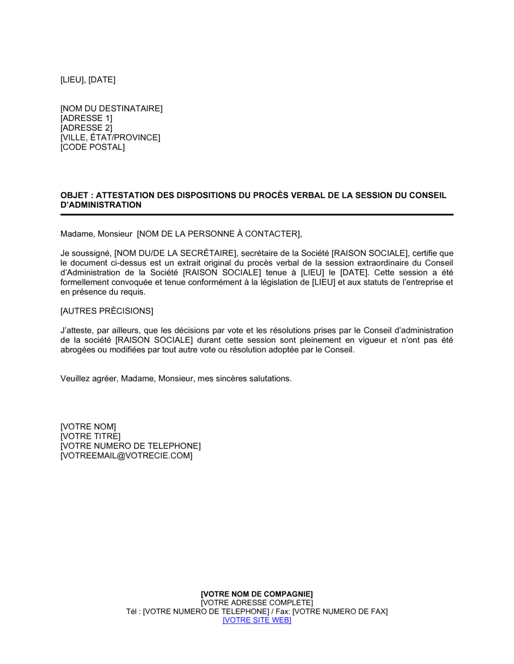 Business-in-a-Box's Attestation des dispositions Procès verbal de la réunion