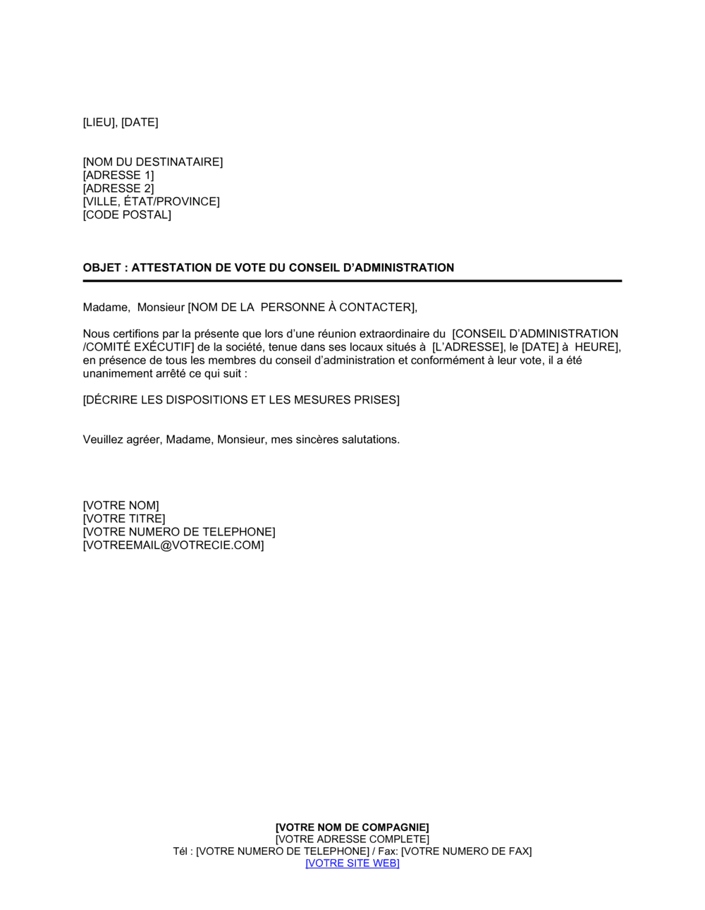 Business-in-a-Box's Attestion de vote du CA