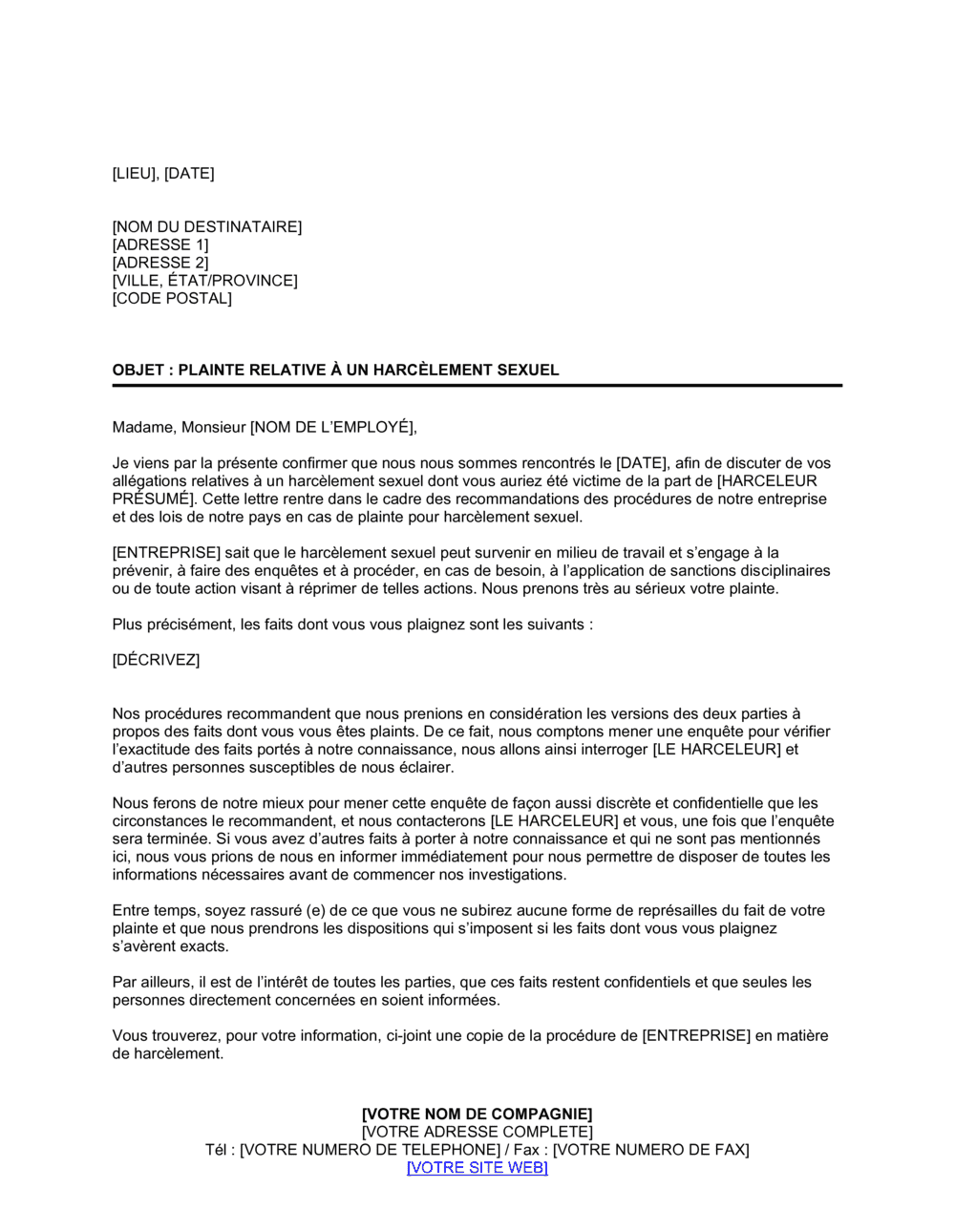 Business-in-a-Box's Au sujet d'une plainte relative à un harcèlement sexuel