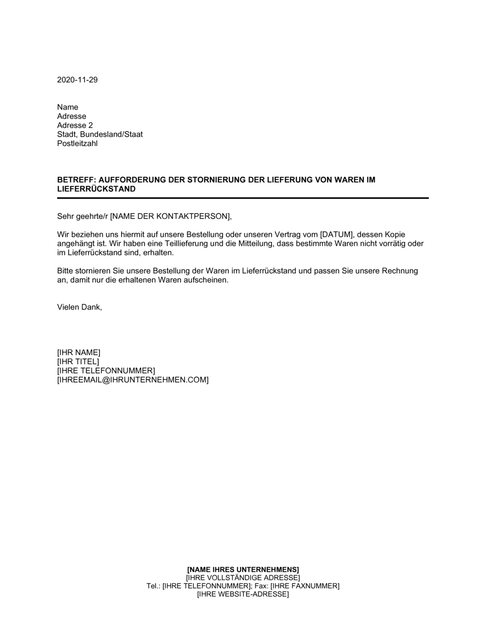 Business-in-a-Box's Aufforderung der Stornierung der Lieferung von Waren im Lieferrückstand