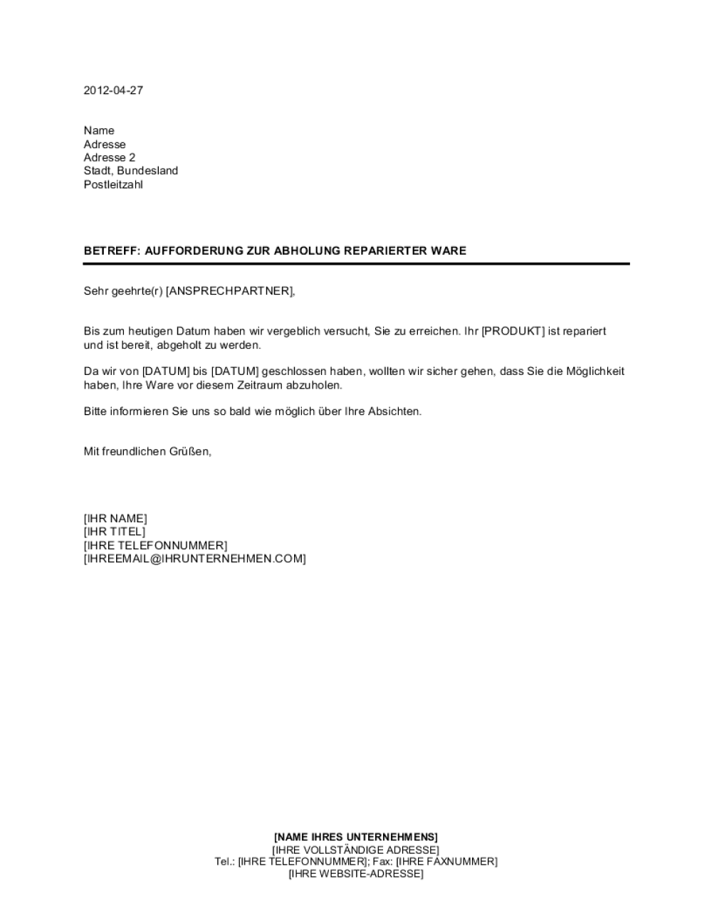 Business-in-a-Box's Aufforderung zur Abholung reparierter Ware