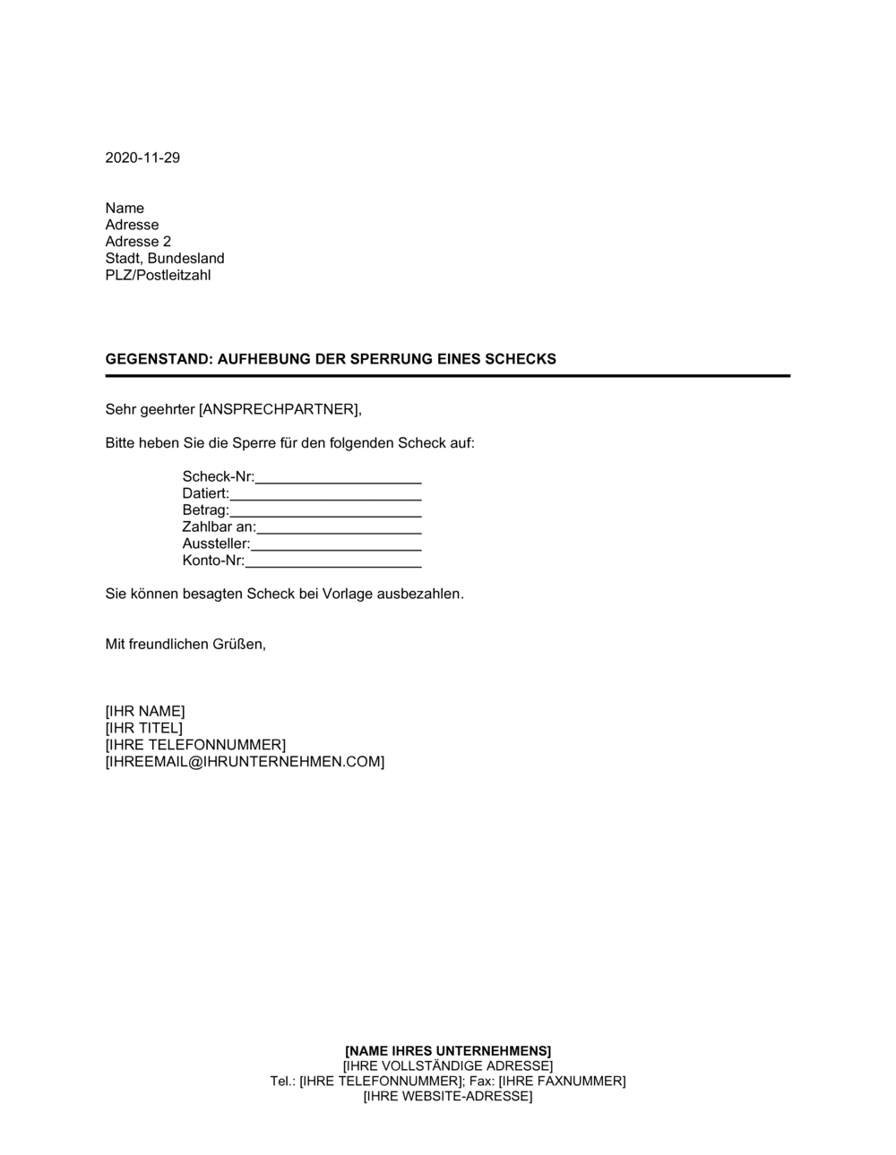 Business-in-a-Box's Aufhebung der Sperrung eines Schecks