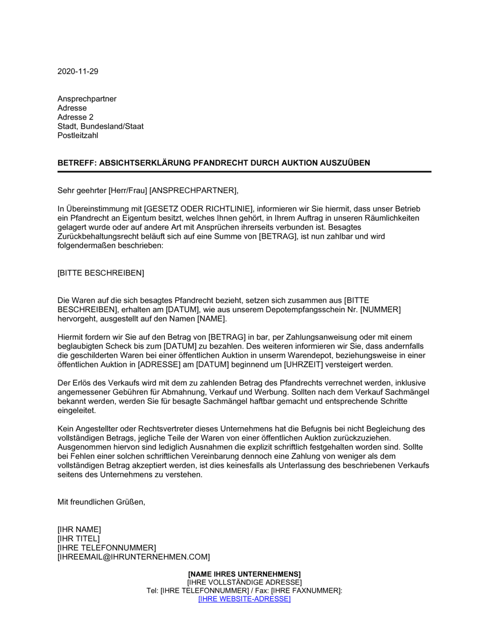 Business-in-a-Box's Auktion aufgrund von pfandrechtlichen Ansprüchen