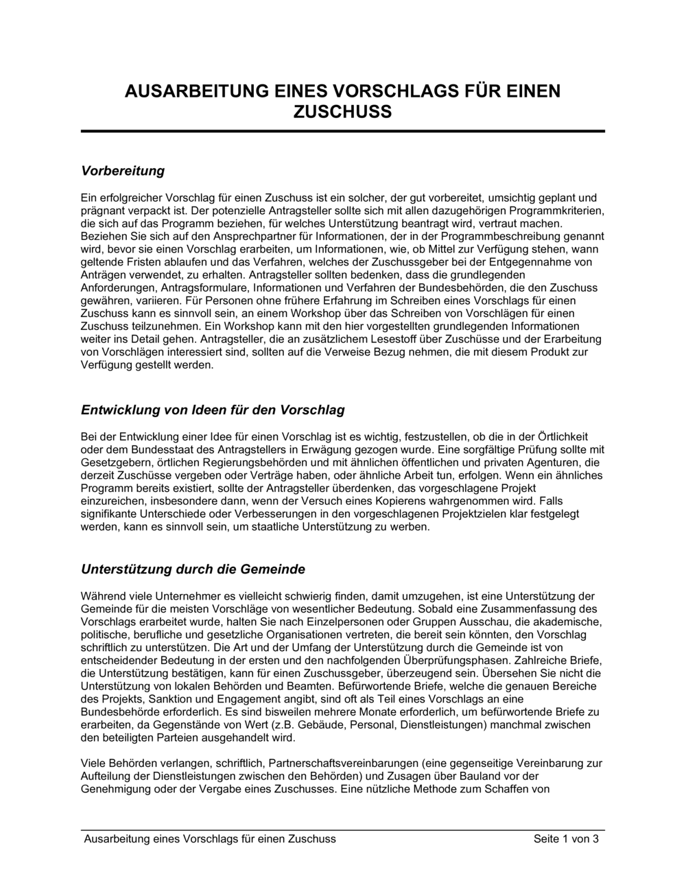 Business-in-a-Box's Ausarbeitung eines Vorschlags für einen Zuschuss