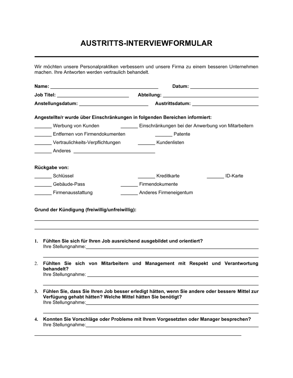 Business-in-a-Box's Austritts Interviewformular