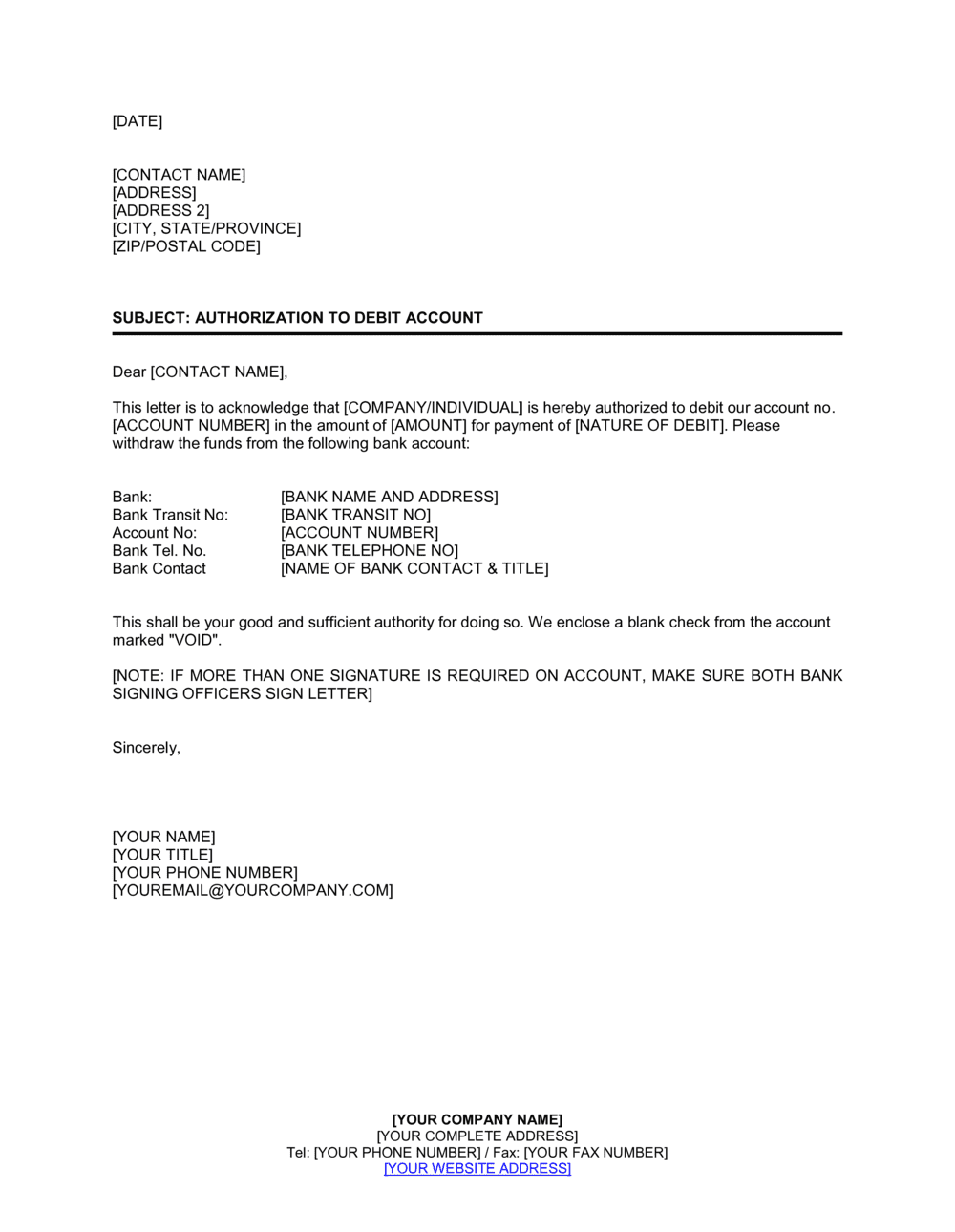 Authorization To Debit Account Template By Business In A Box