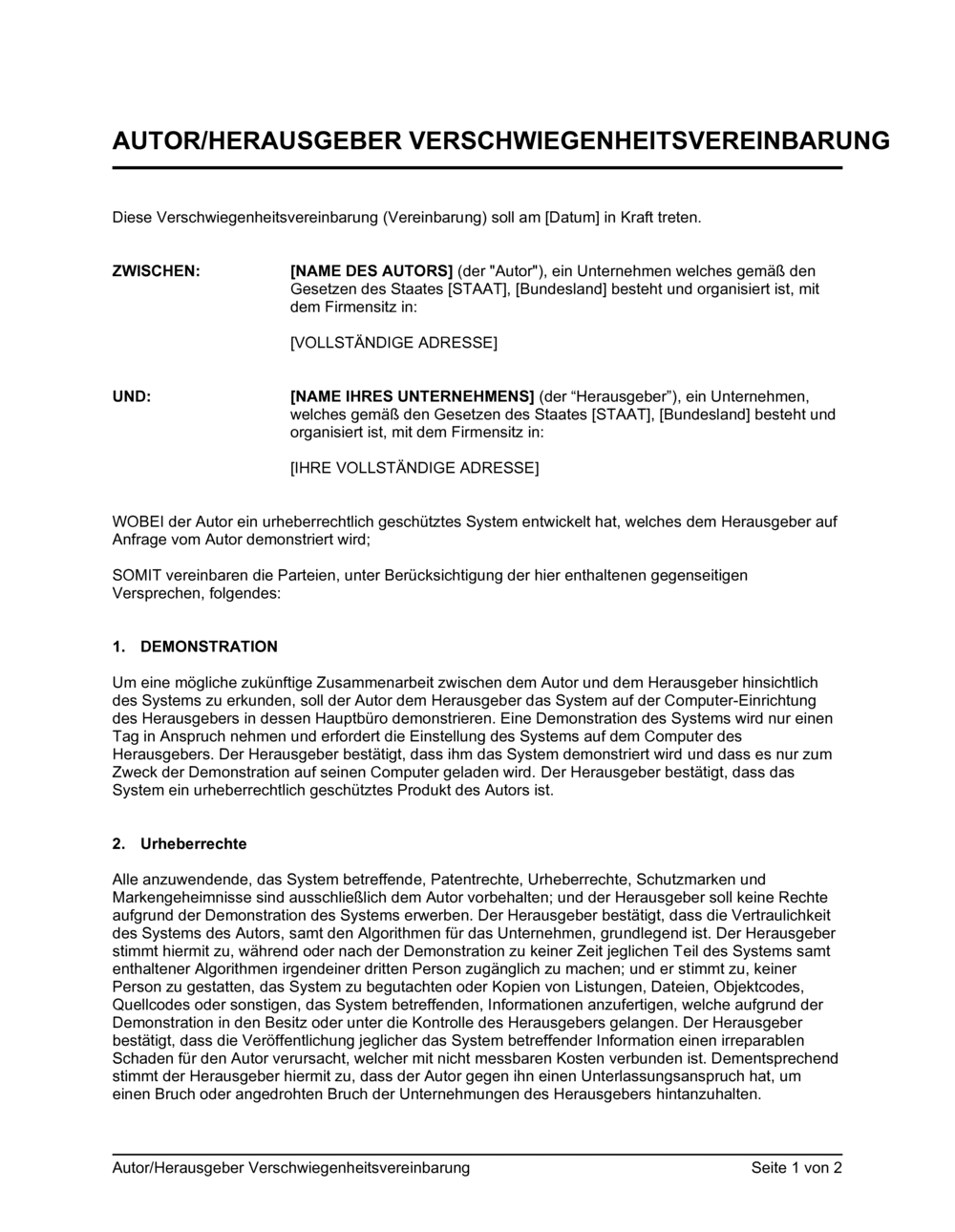 Business-in-a-Box's Autor Herausgeber Verschwiegenheitsvereinbarung