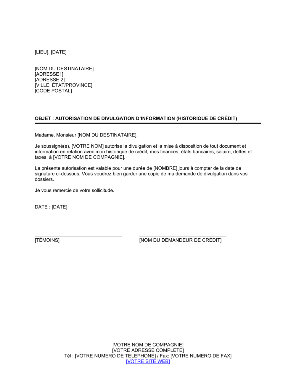 Business-in-a-Box's Autorisation de divulgation d'information sur historique de crédit