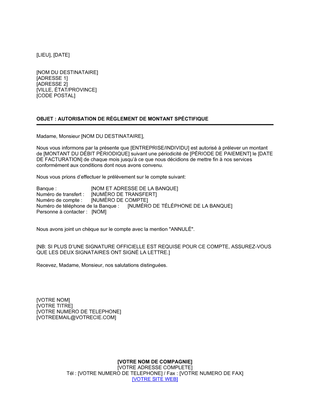Business-in-a-Box's Autorisation de règlement de montant spécifique