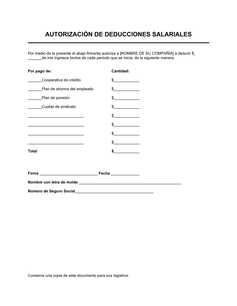 Business-in-a-Box's Autorización de deducción de nómina