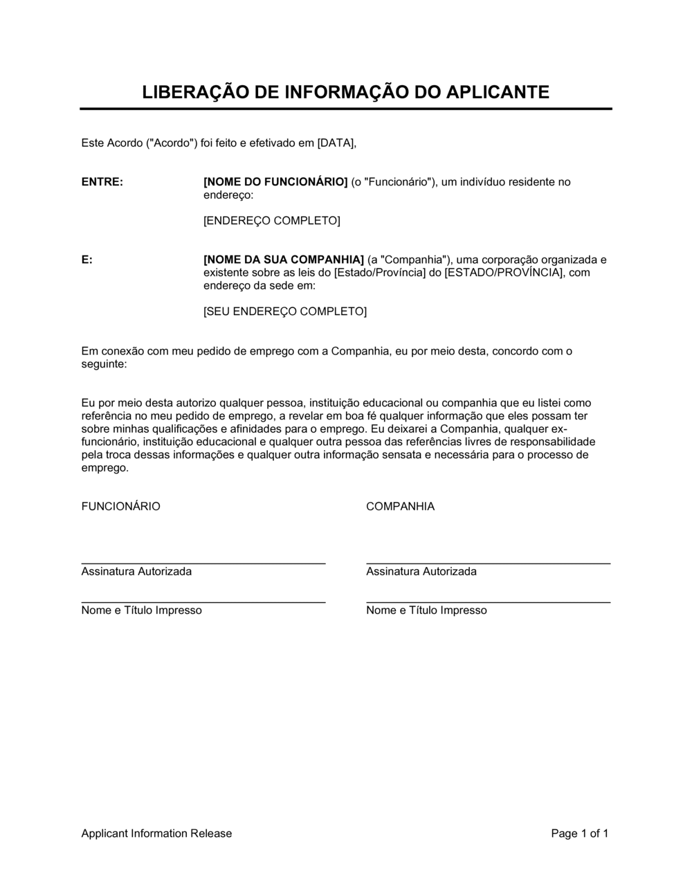 Business-in-a-Box's Autorização de Liberação de Informação