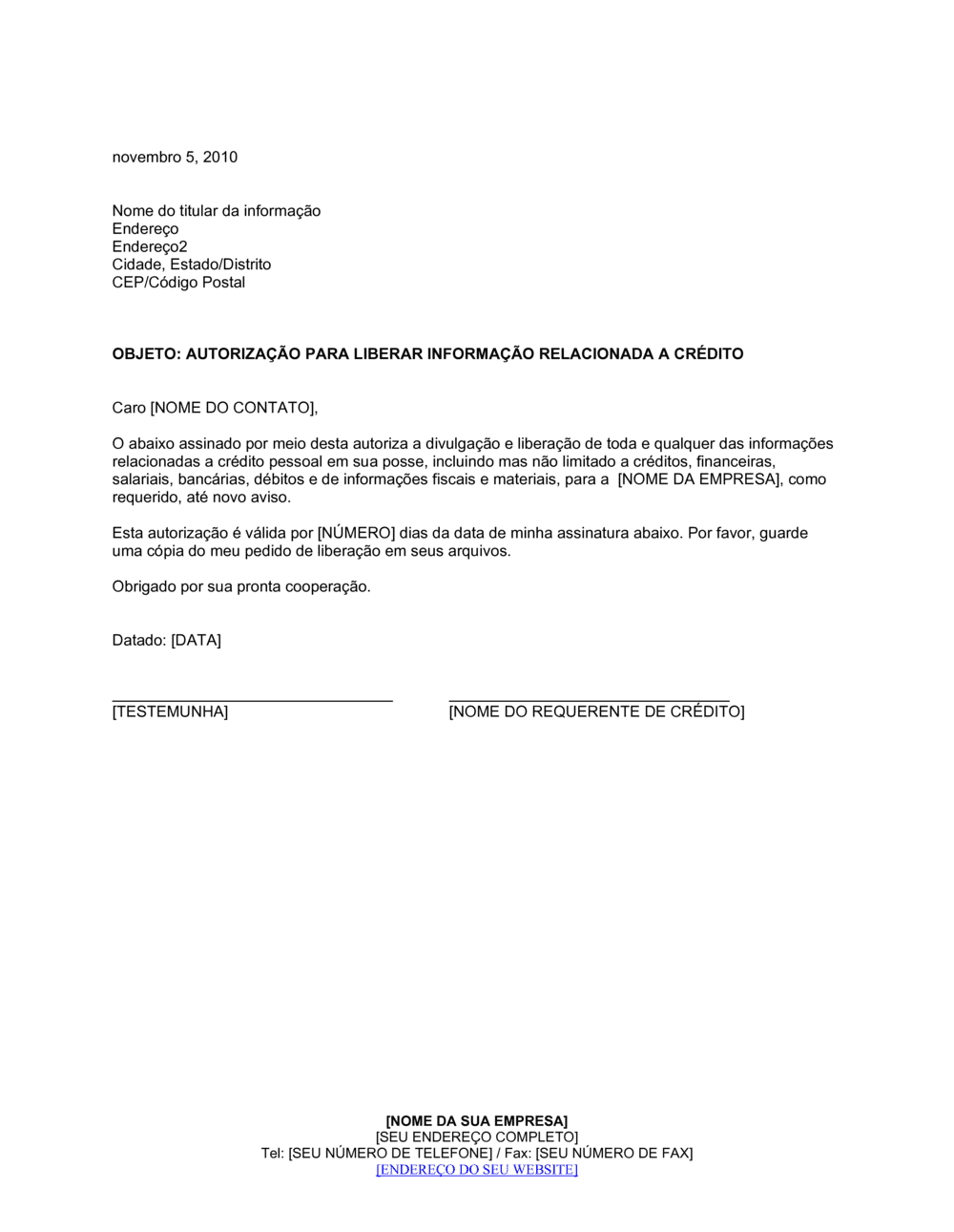 Business-in-a-Box's Autorização para Liberar Informação de Crédito