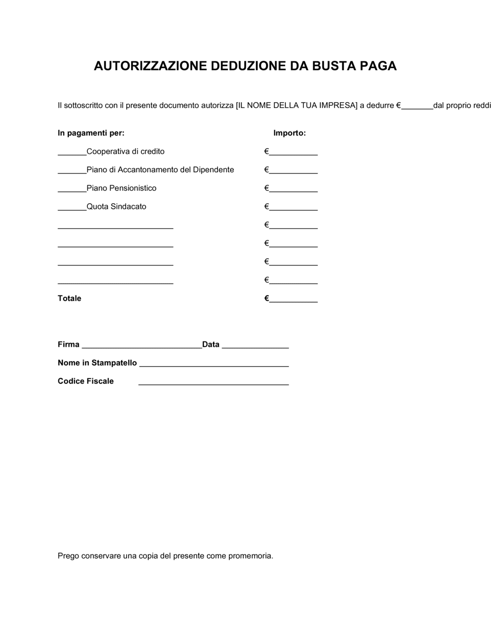 Business-in-a-Box's Autorizzazione deduzione da busta paga