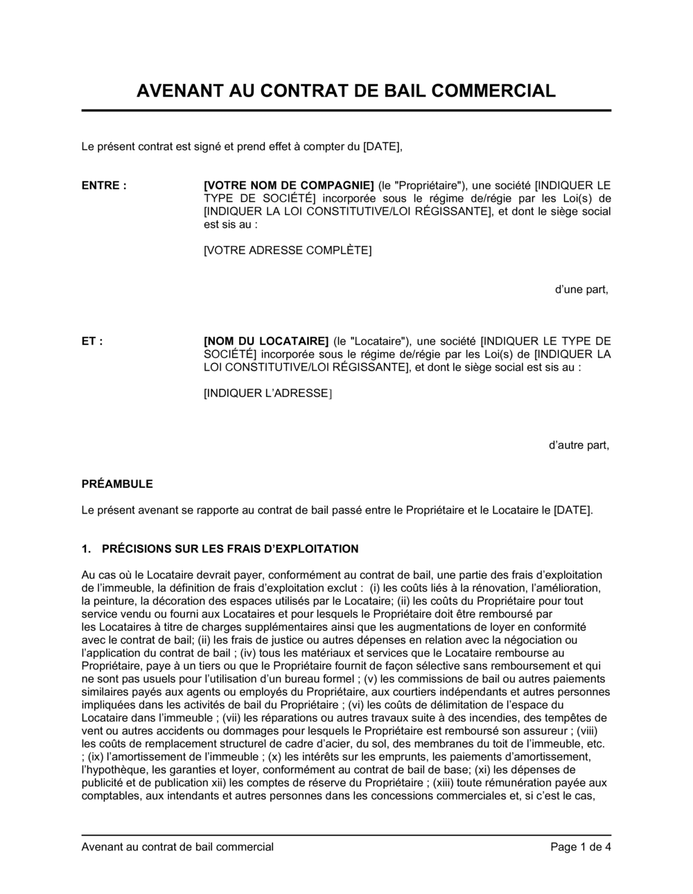 Business-in-a-Box's Avenant au contrat de bail commercial Au bénéfice des locataires