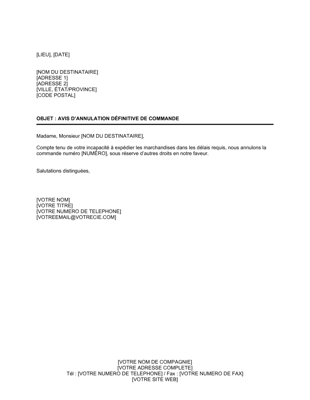 Business-in-a-Box's Avis d'annulation complète de commande