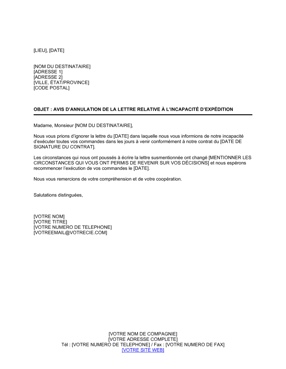 Business-in-a-Box's Avis d'annulation de la lettre relative à l'incapacité d'exécution