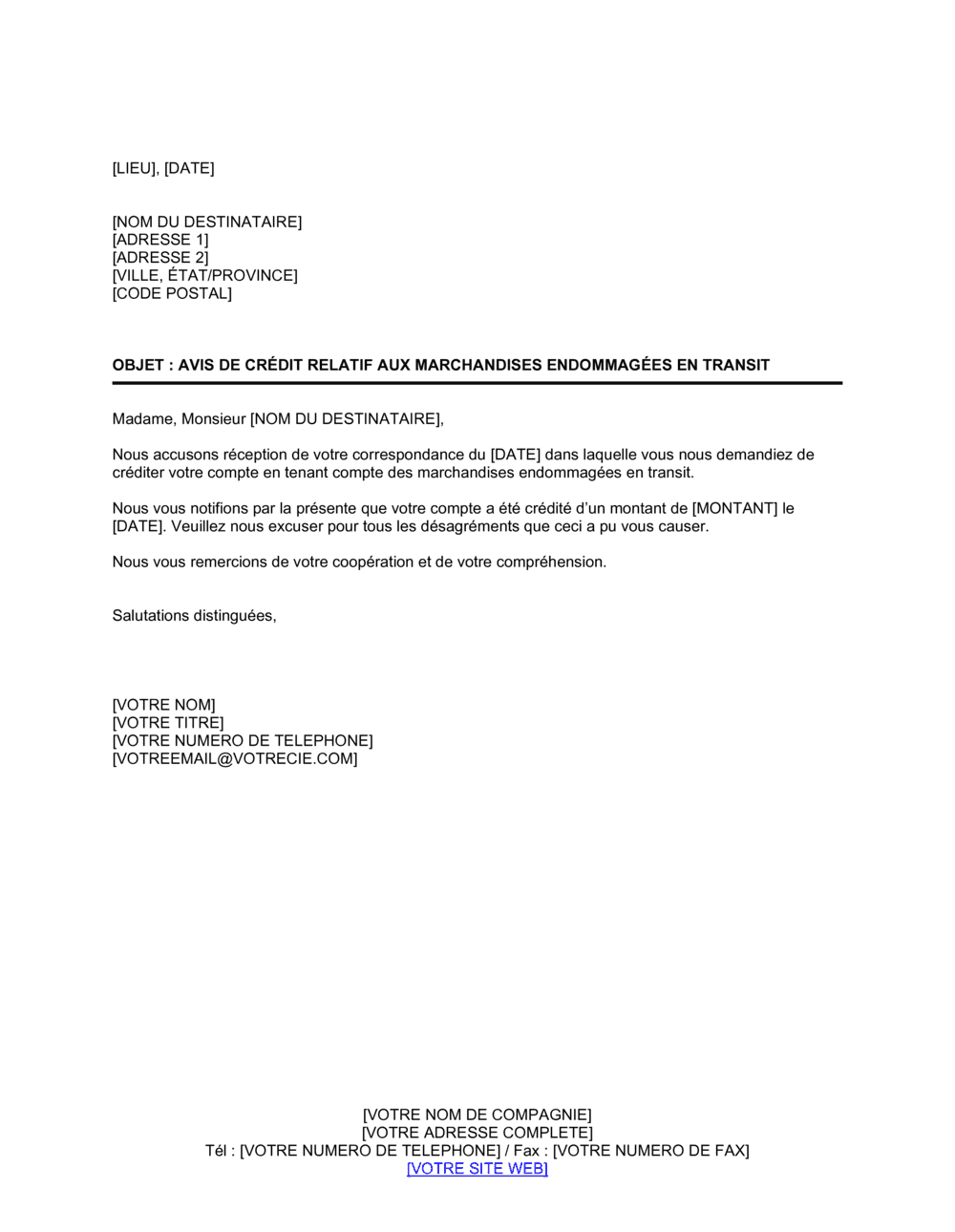 Business-in-a-Box's Avis de crédit relatif aux marchandises endommagées en transit