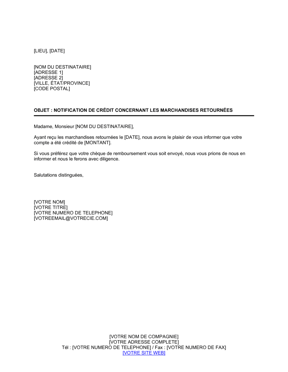 Business-in-a-Box's Avis de crédit relatif aux marchandises retournées