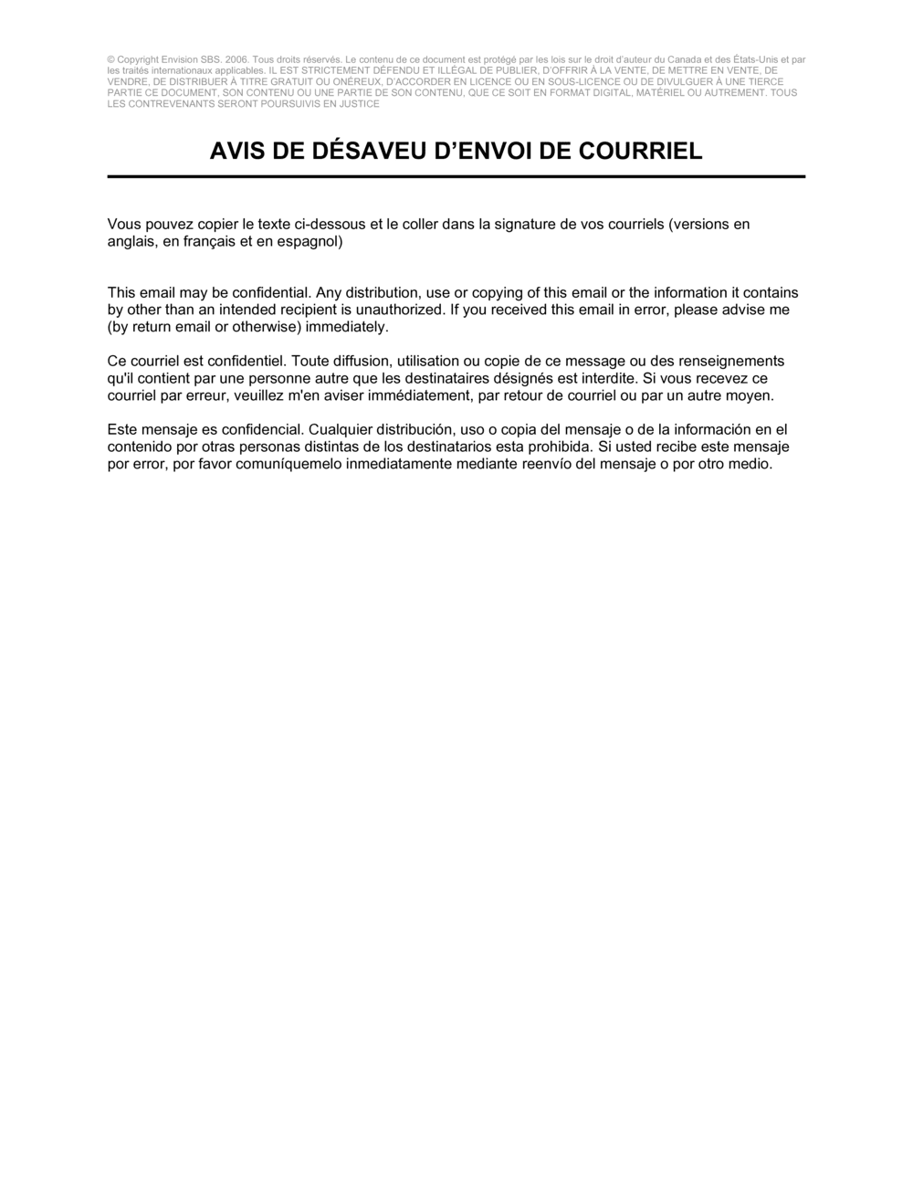 Business-in-a-Box's Avis de désavoeu d'envoi de courriel