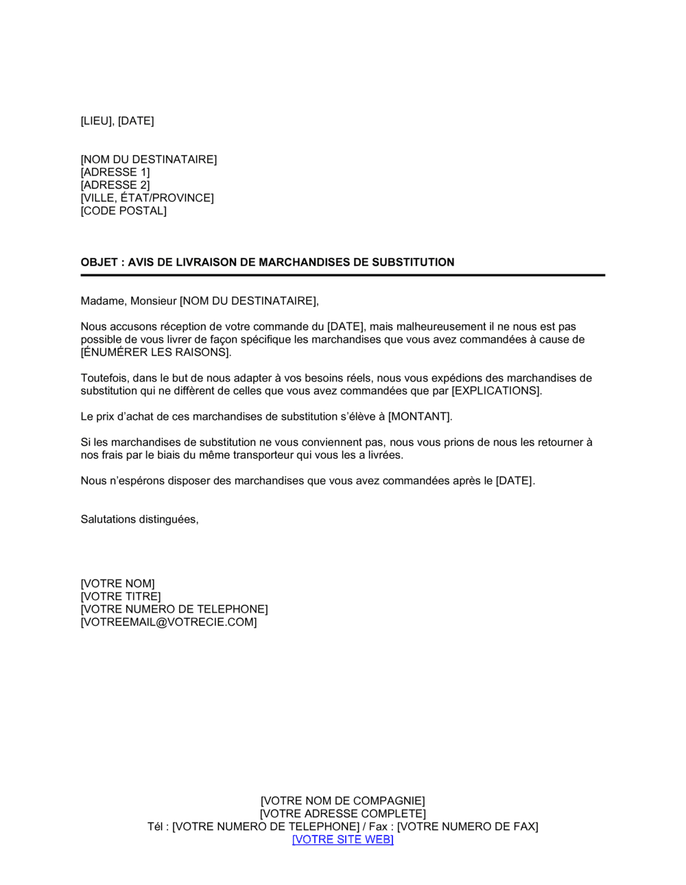 Business-in-a-Box's Avis de livraison de marchandises en remplacement