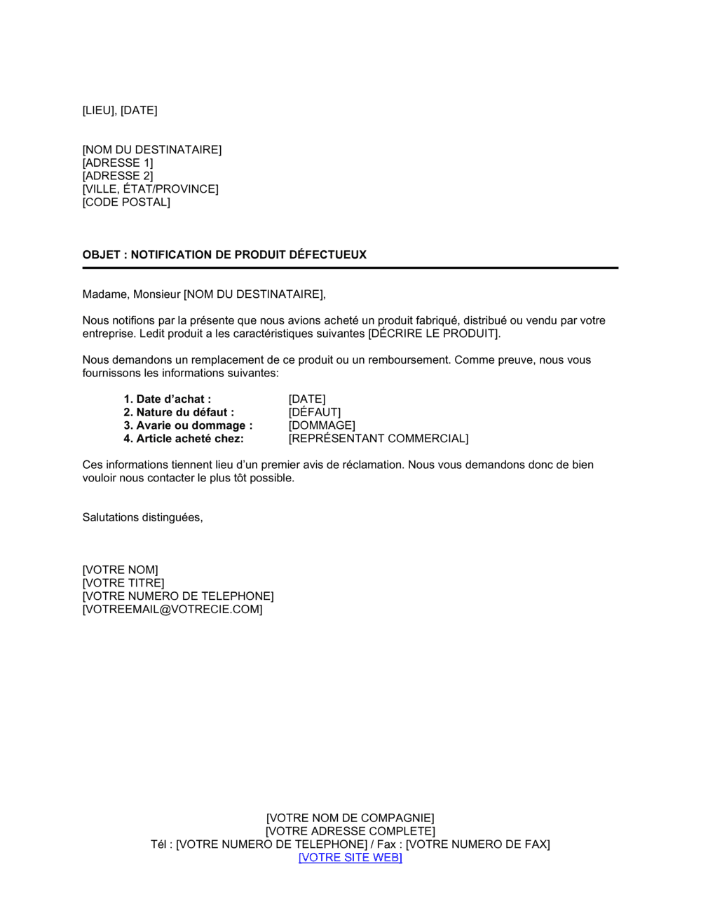 Business-in-a-Box's Avis de notification de produits défectueux