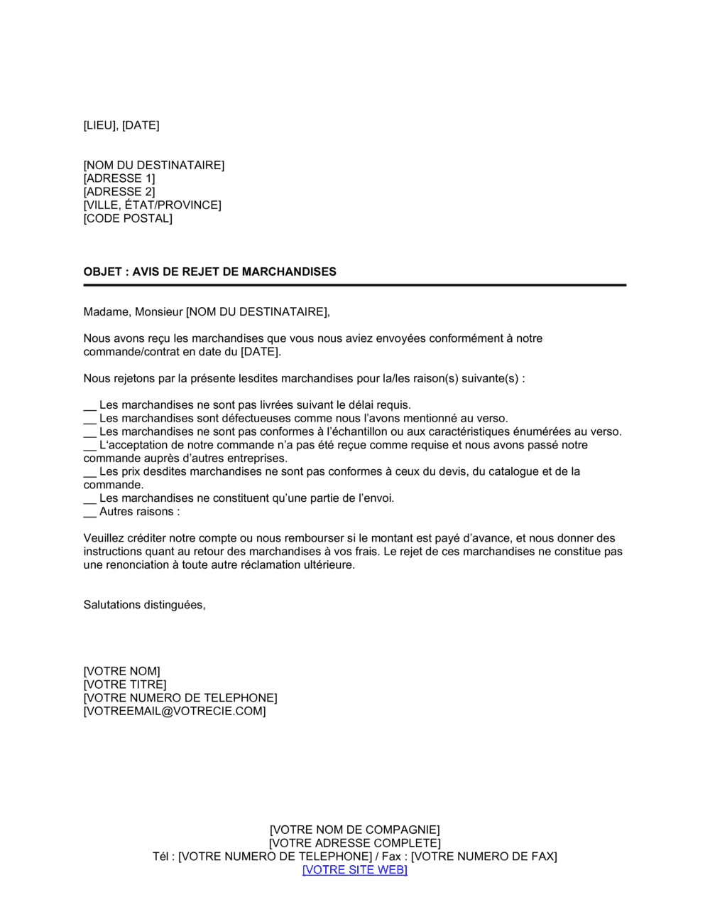 Business-in-a-Box's Avis de rejet de marchandises