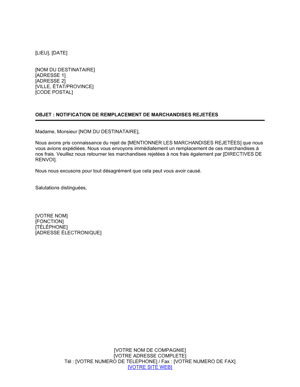 Business-in-a-Box's Avis de remplacement de marchandises rejetées