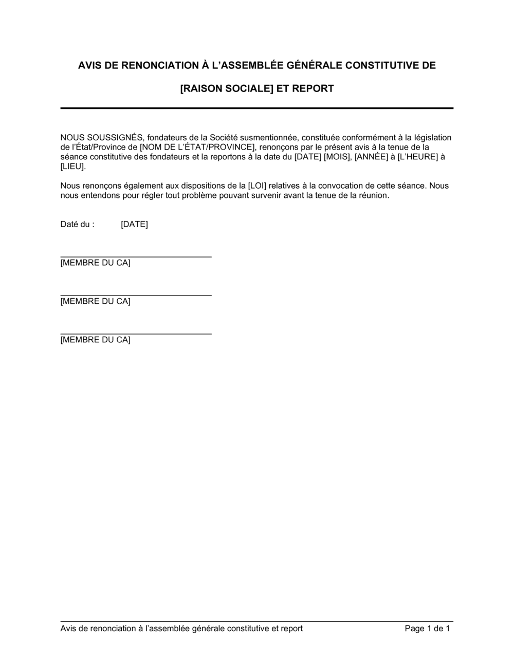 Business-in-a-Box's Avis de renonciation à l'Assemblée générale constitutive