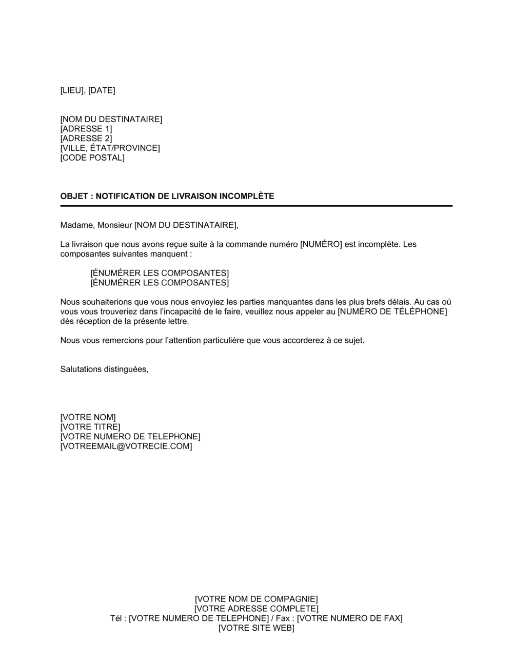 Business-in-a-Box's Avis de réception de livraison incomplète