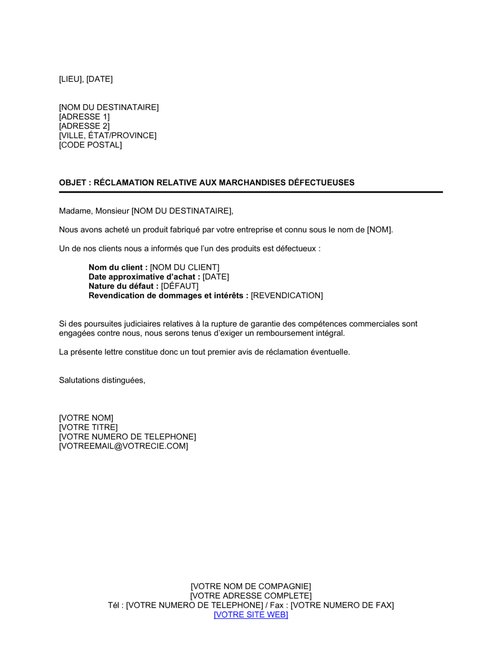 Business-in-a-Box's Avis de réclamation relatif aux marchandises défectueuses