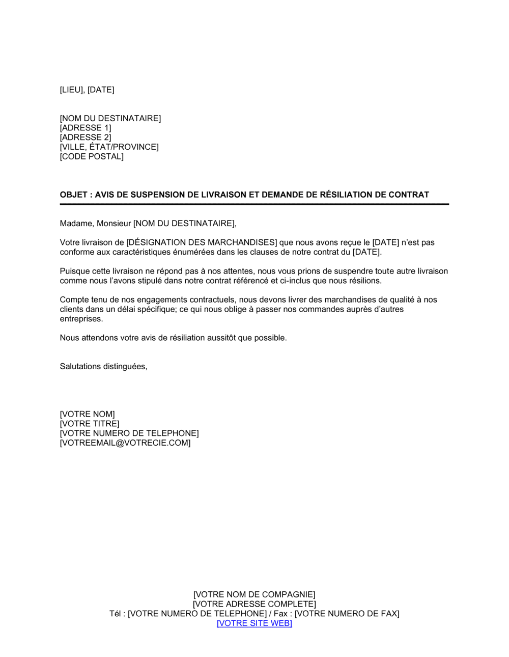 Business-in-a-Box's Avis de suspension de livraison et demande de résiliation de contrat