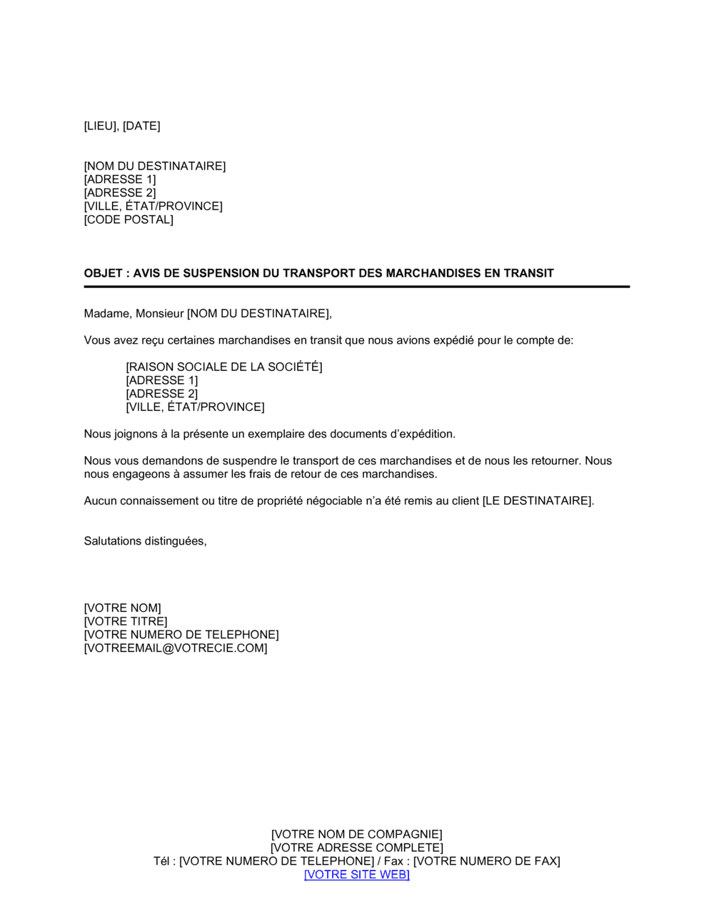 Business-in-a-Box's Avis de suspension du transport des marchandises en transit