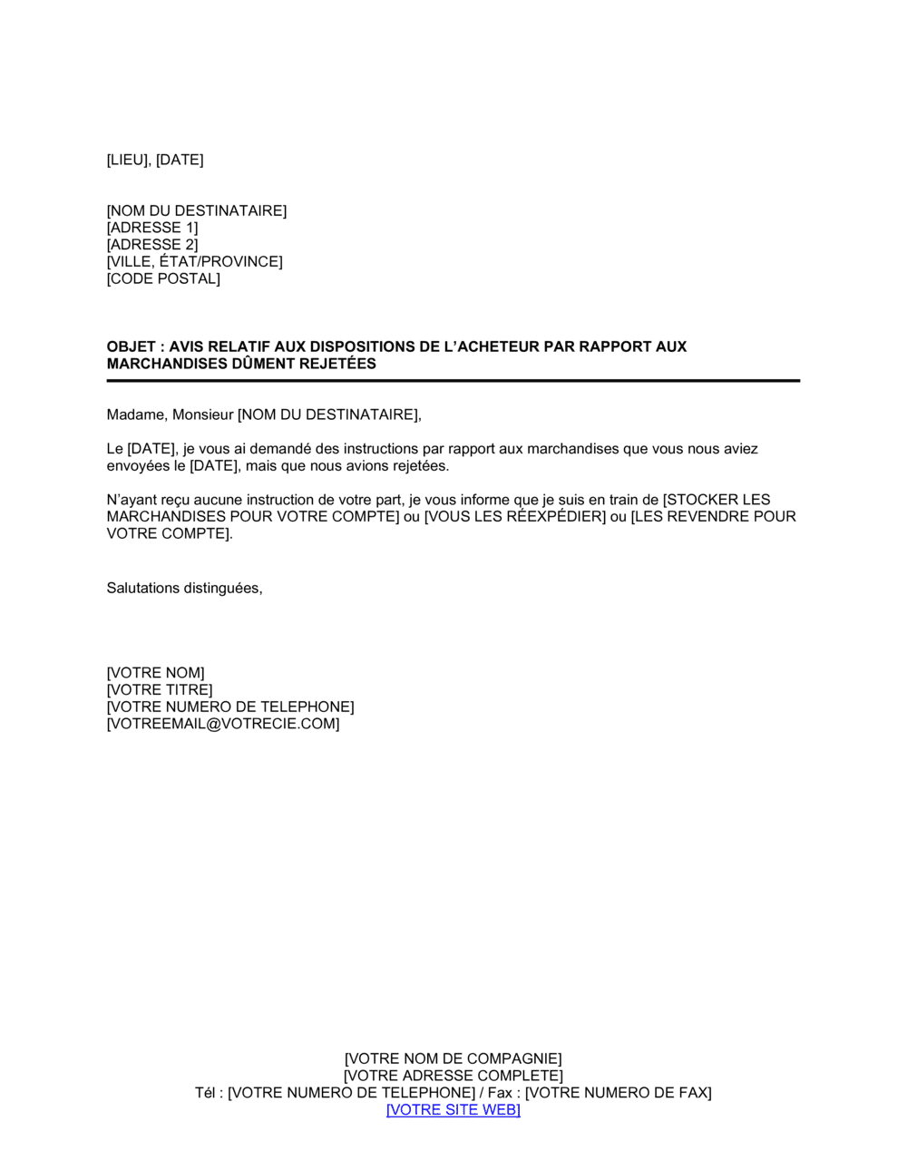 Business-in-a-Box's Avis relatif aux dispositions de l'acheteur par rapport aux marchandises rejetées