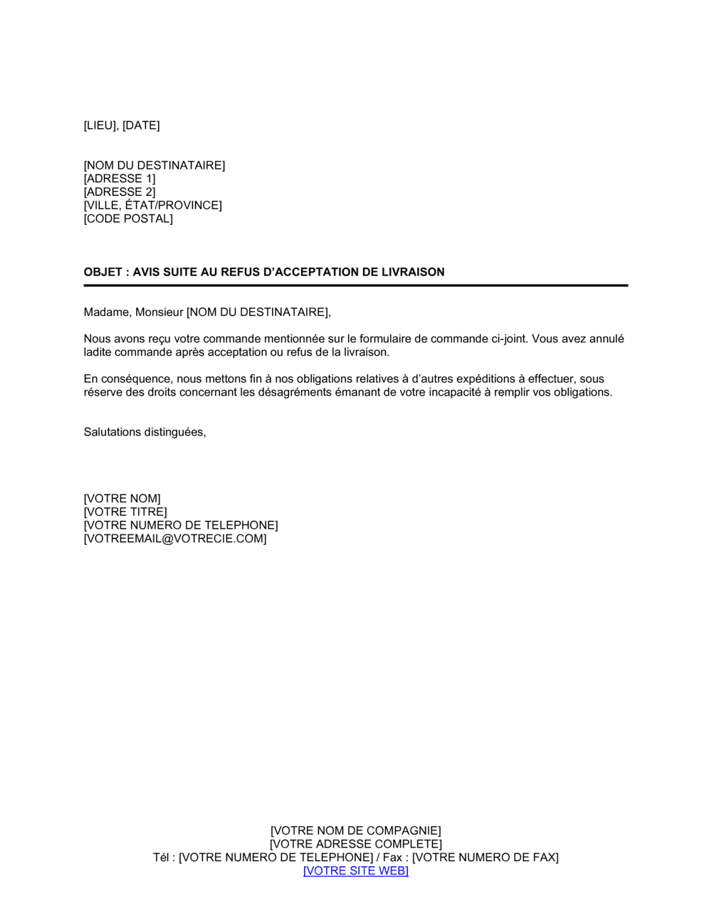 Business-in-a-Box's Avis suite au refus d'acceptation de livraison